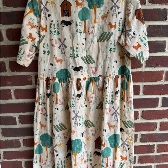 Princess Highway Farm Scene Animals Linen Cotton Short Sleeve Sz. 10 Dress - Picture 2 of 8